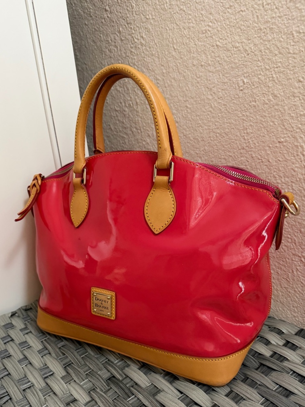 Dooney & Bourke Patent Leather Top Handle Satchel in Red Orange - Leather trim - Picture 11 of 16